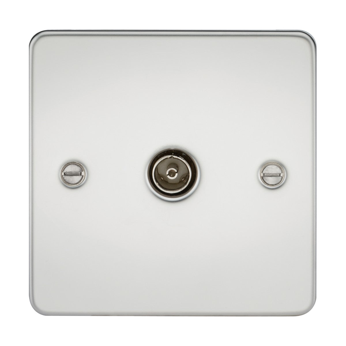 Introducing the TV Outlet (Non-Isolated) - Polished Chrome (Flat Plate): This square metal TV outlet plate is designed with a central coaxial connection and two screw holes for effortless mounting. It features a sleek, polished chrome finish for a sophisticated appearance.