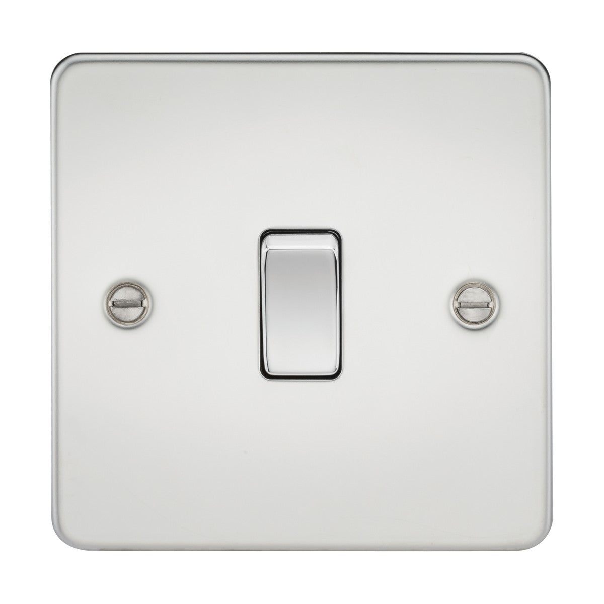 A square polished chrome light switch plate with a single, central intermediate switch and two visible screws on either side for installation, featuring a low profile design that enhances its glossy, reflective finish. The product is known as the 10AX 1 Gang Intermediate Switch - Polished Chrome (Flat Plate).
