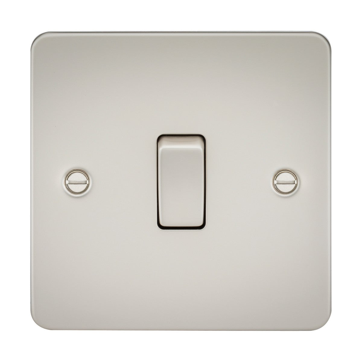 The 10AX 1 Gang Intermediate Switch - Pearl is a square, silver-hued light switch with an ultra-low profile. It features two visible screws on each side, and a centered switch in the off position. The surface has a matte finish.