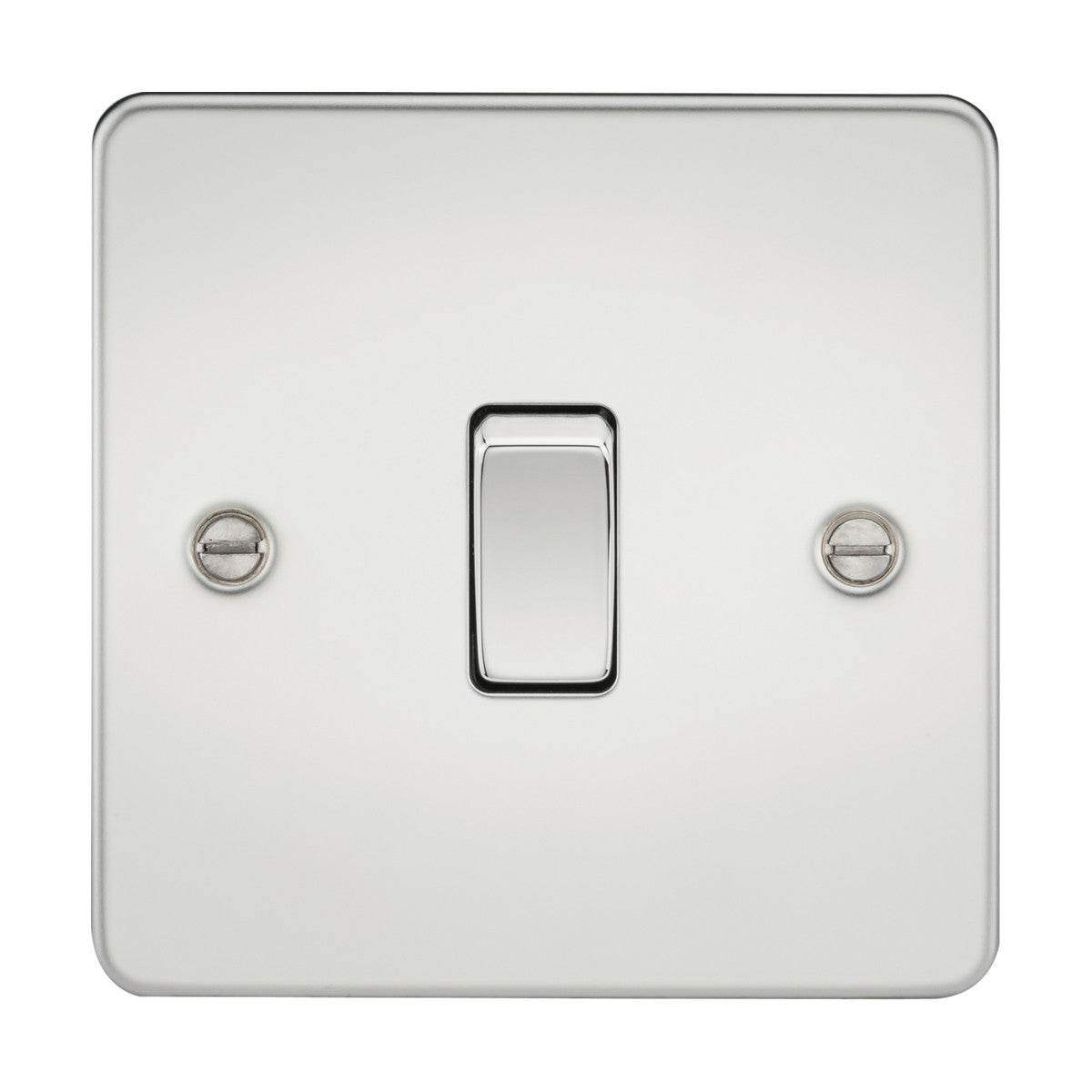 A square, ultra-low profile 10AX 1 Gang 2-Way Switch with a polished chrome flat plate on a white background. The switch plate features a smooth finish and two screws flanking the central toggle switch.
