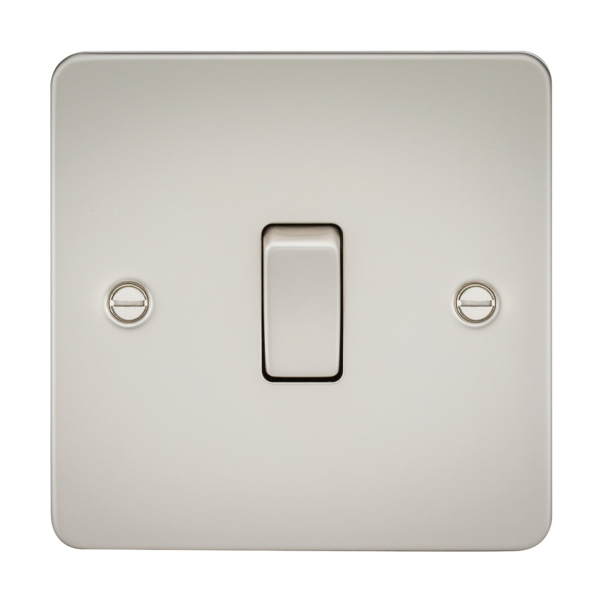 The 10AX 1 Gang 2-Way Switch - Pearl (Flat Plate) is a white square switch with a central toggle, mounted on a smooth surface and secured by two visible screws.