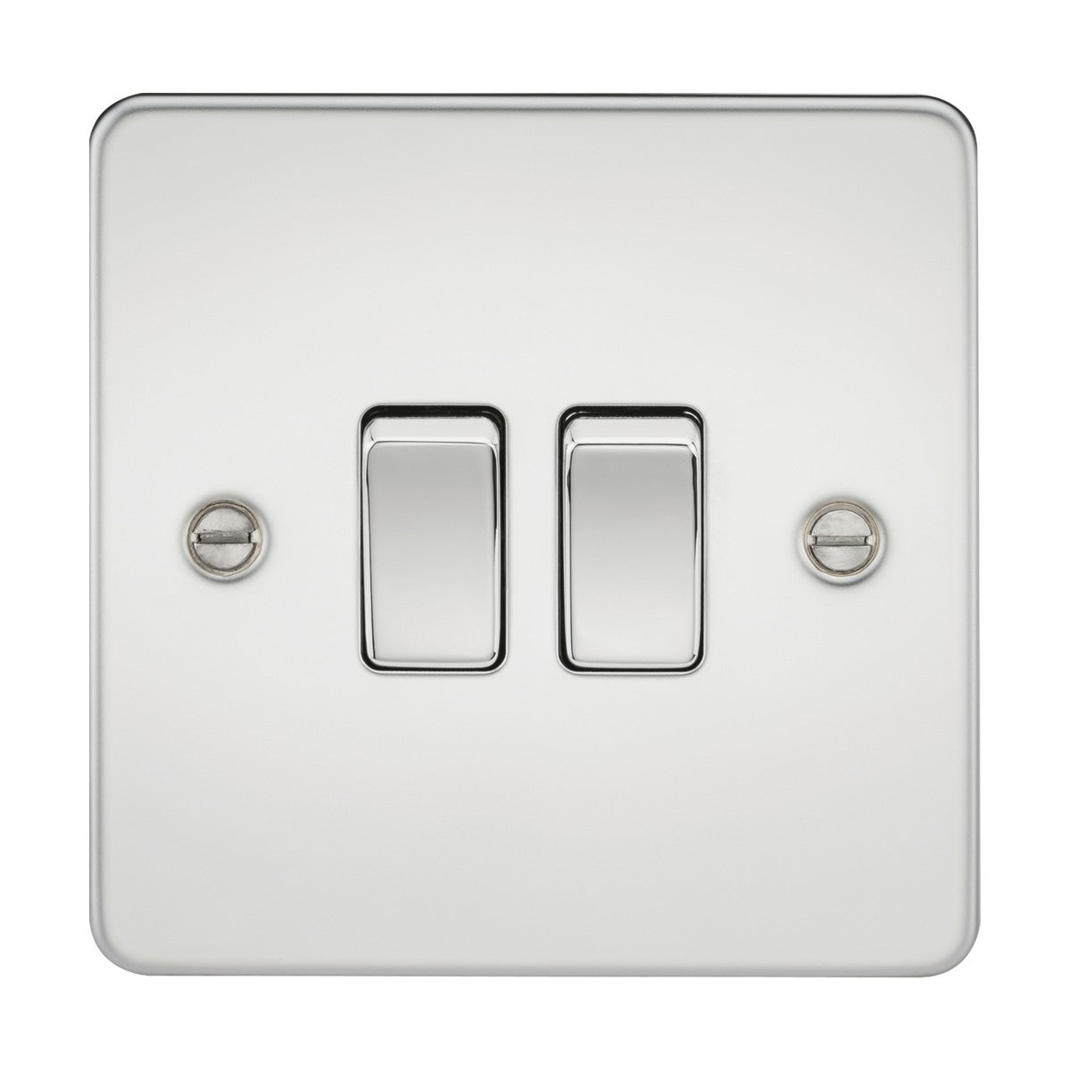 The 10AX 2 Gang 2-Way Switch - Polished Chrome (Flat Plate) offers a sleek and modern design with an ultra-low profile surface and a metallic finish. It features two 10AX 2-way toggle switches with visible screws on both the left and right sides for an elegant look.