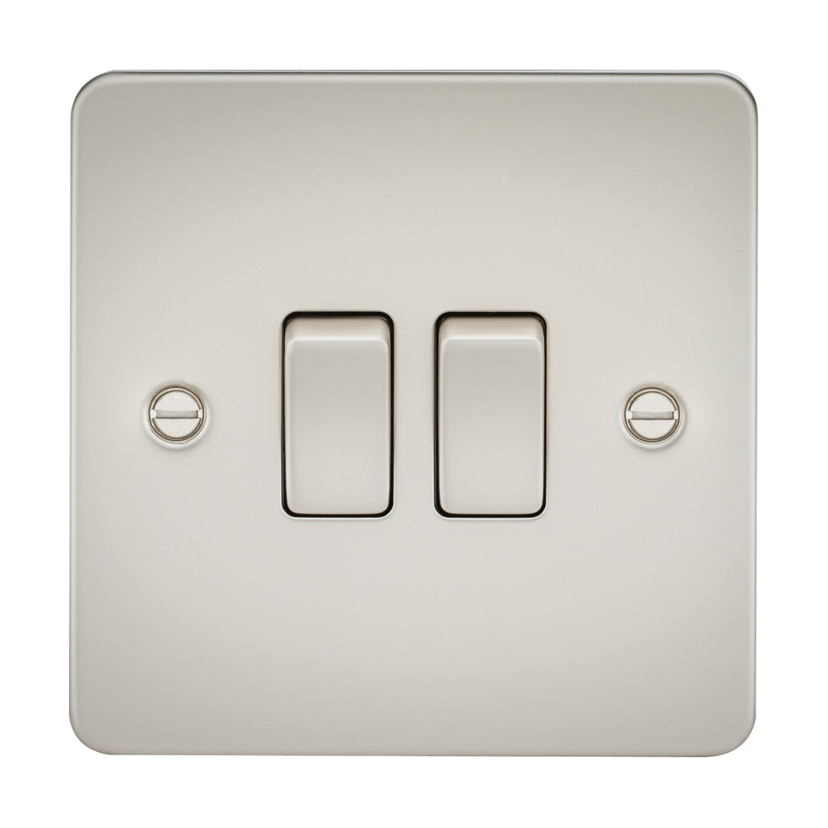 The 10AX 2 Gang 2-Way Switch in beige features a pearl finish with a flat plate design, including two toggle switches on a square plate with visible screws.