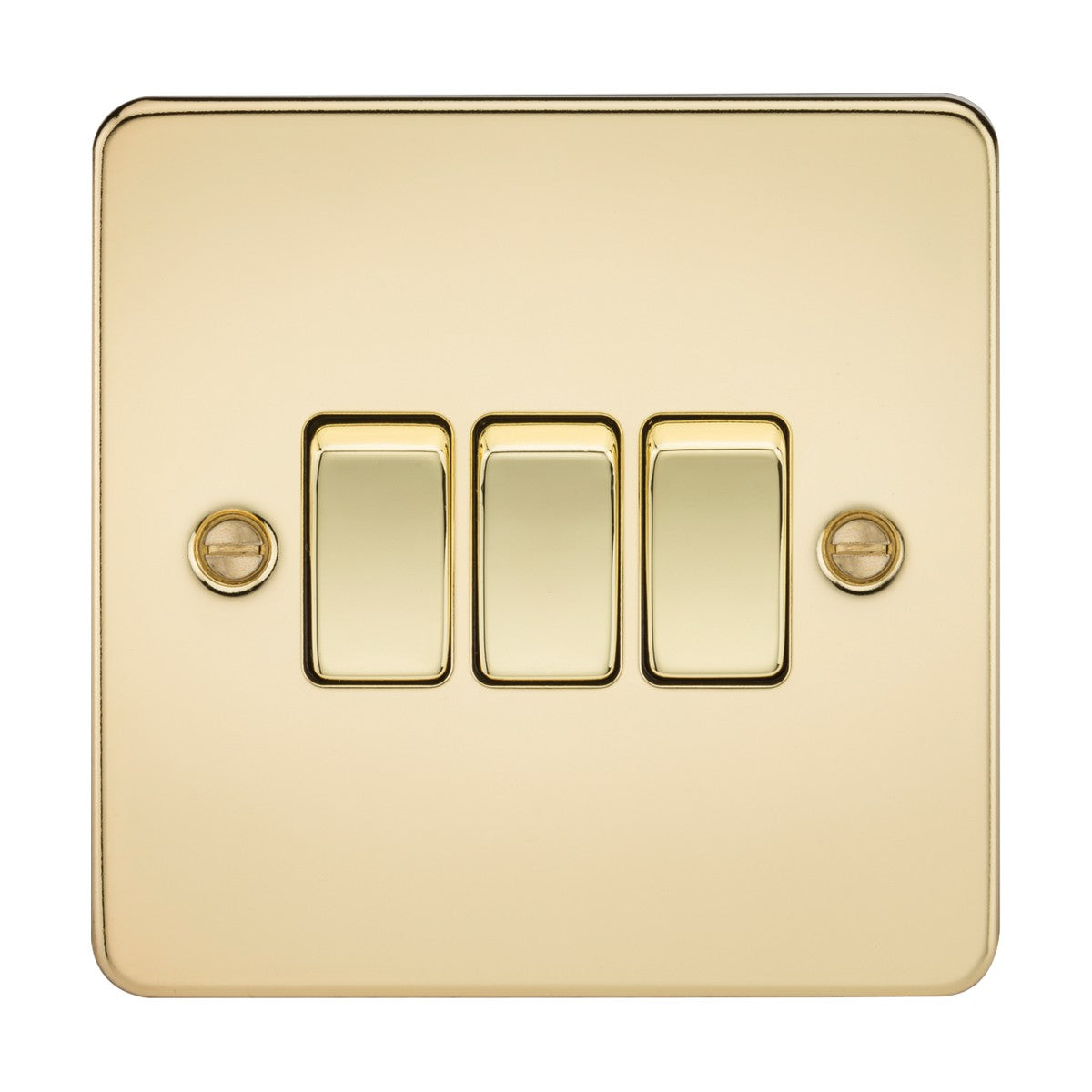 The 10AX 3 Gang 2-Way Switch in a polished brass finish features a gold-colored, ultra-low profile flat plate design. The switches are arranged vertically on a square plate, secured with two visible screws.
