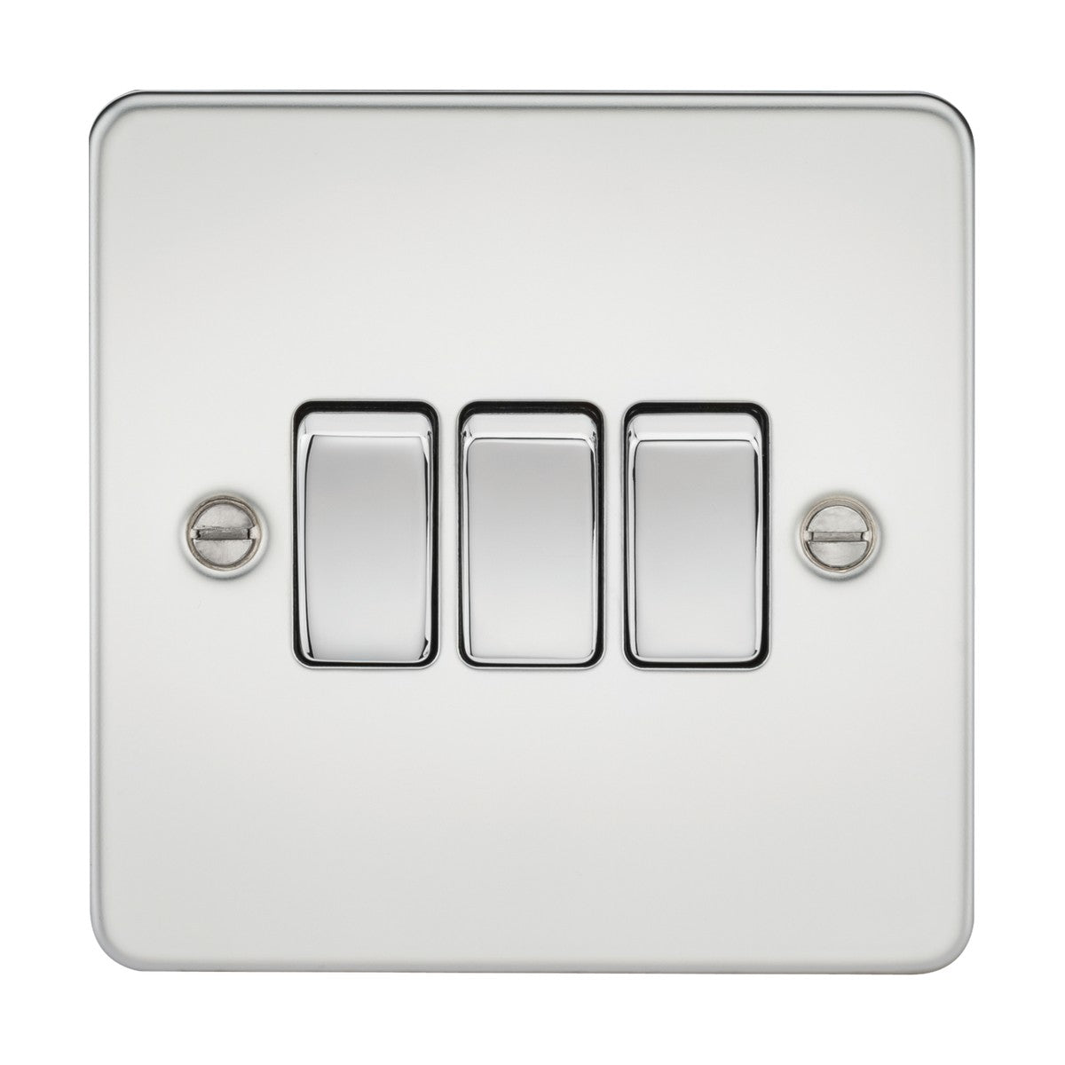 Introducing the 10AX 3 Gang 2-Way Switch in polished chrome, featuring a flat plate design with metallic finish and equipped with two-way rocker switches. It includes two visible screws on each side for easy mounting.