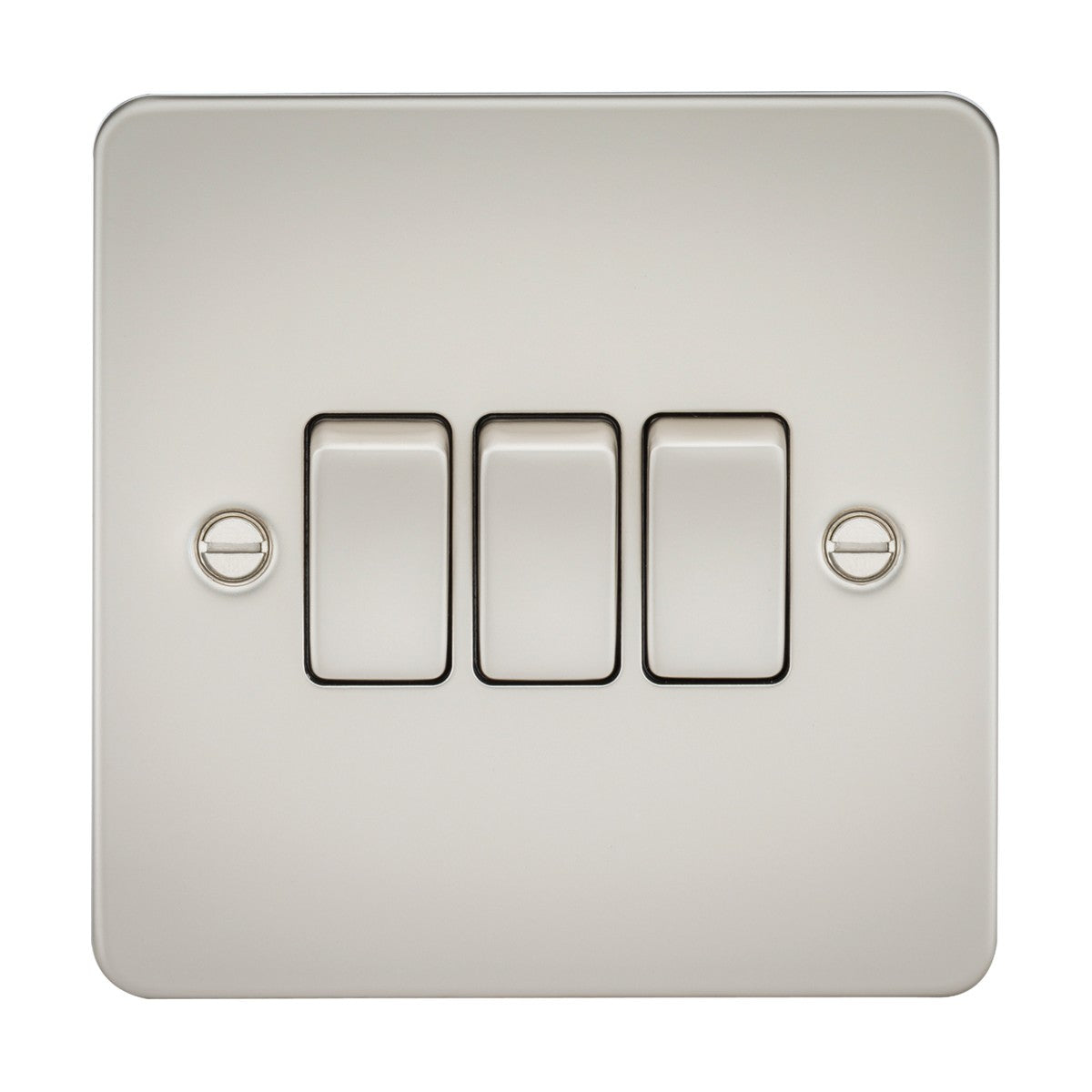 The 10AX 3 Gang 2-Way Switch - Pearl (Flat Plate) features a sleek metallic look, durable design, and three horizontal toggles, all elegantly secured by two visible screws on each side.