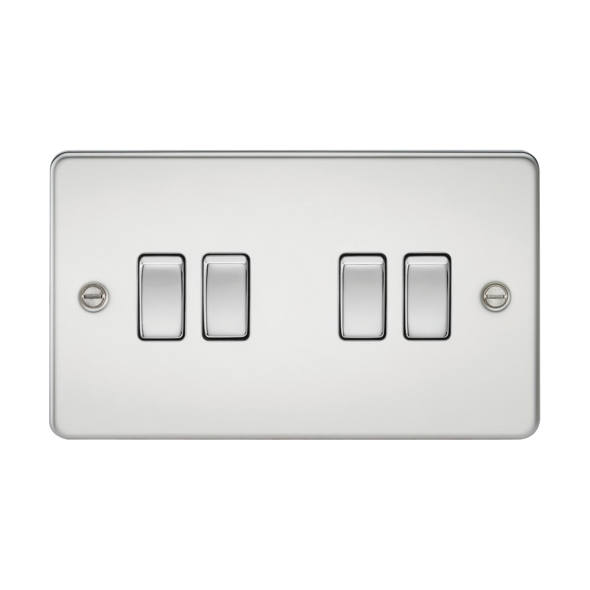 The 10AX 4 Gang 2-Way Switch in polished chrome showcases an ultra-low profile flat plate design with four switches aligned side by side against a white background.