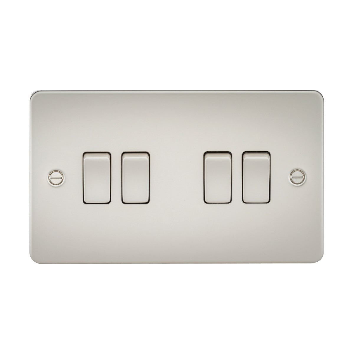 A Pearl 4 Gang Flat Plate light switch with rectangular design features four ultra-slim 2-way switches, mounted horizontally with a vertical alignment of switches. Visible screws decorate the premium-grade steel plate on both sides.