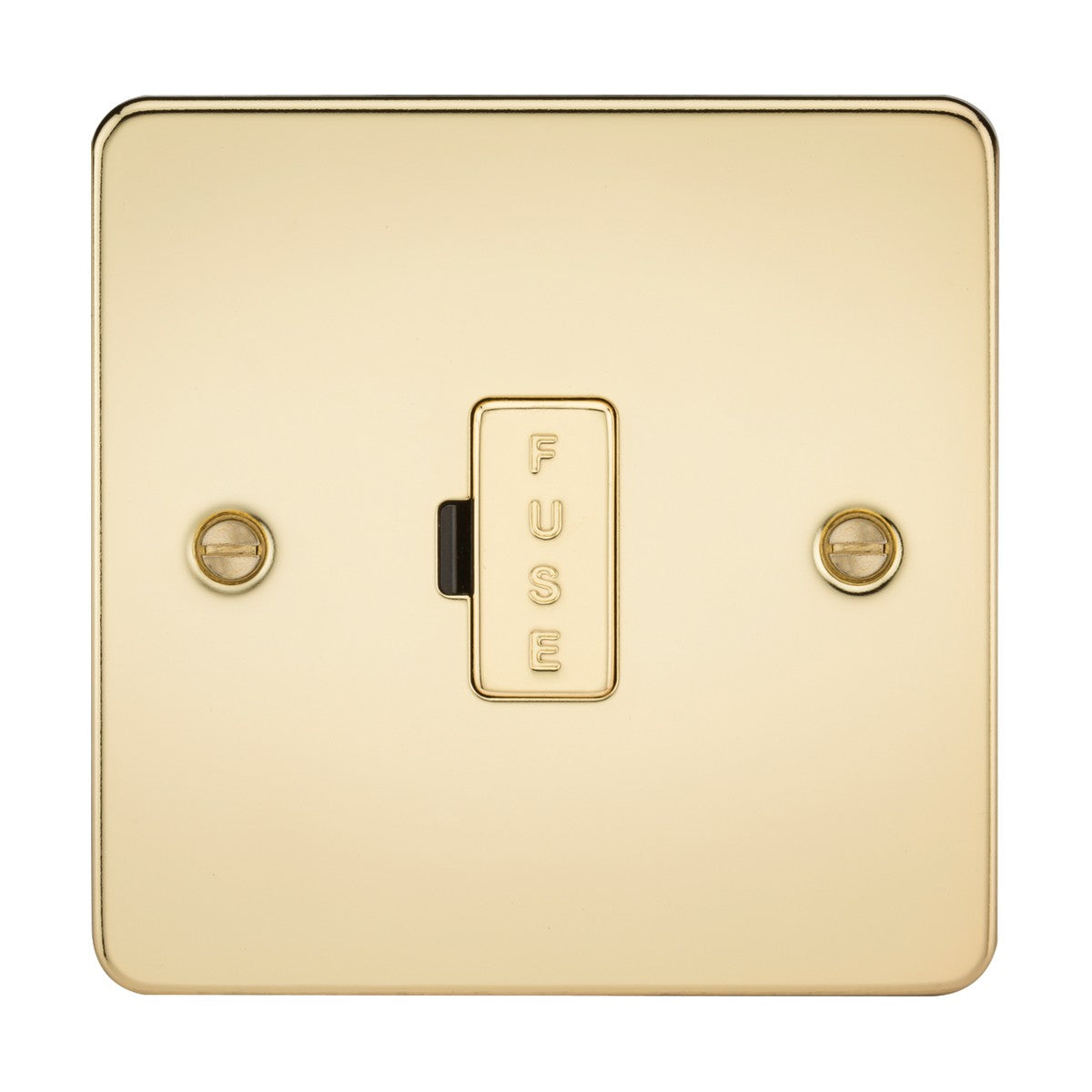 The 13A Fused Spur Unit in polished brass showcases a centrally positioned rectangular button marked FUSE on a sleek flat plate with rounded edges. This elegant fused spur features two visible screws for easy installation.