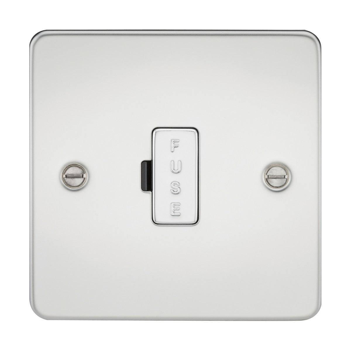 The 13A Fused Spur Unit - Polished Chrome (Flat Plate) is an electrical switch with a central rectangular button labeled FUSE, made from premium-grade steel. It features two visible screws on either side to ensure secure mounting, capturing the essence of a fused spur.