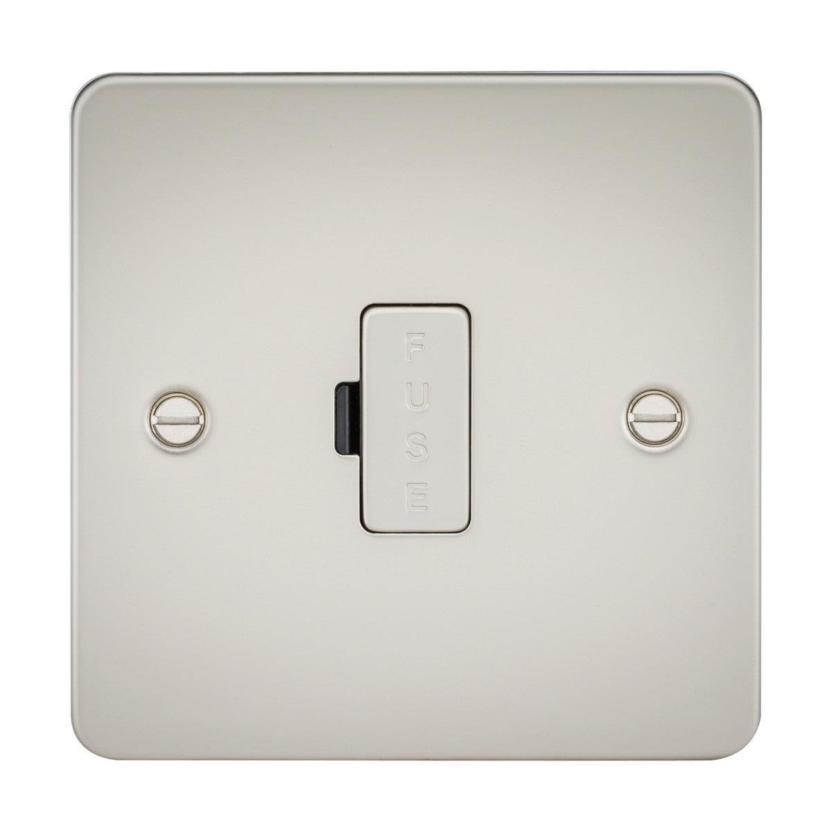 This 13A Fused Spur Unit - Pearl (Flat Plate) is a square brushed metal switch featuring a rectangular FUSE button. Its ultra-low-profile design with a pearl finish offers sleek elegance, secured by two screws for minimalism and functionality.