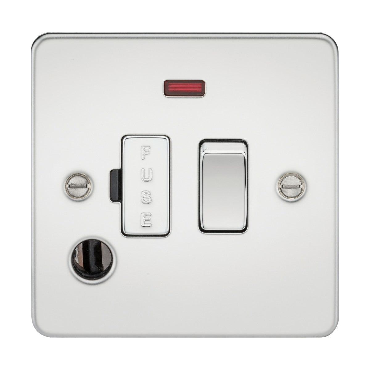 The Flat Plate 13A Switched Fused Spur Unit with Neon and Flex Outlet in polished chrome is a sleek white electrical switch panel featuring a red neon indicator light. It has an ultra-low profile design, including a fused spur with a rocker switch on the right and a labeled fuse compartment on the left, accented by polished chrome details.