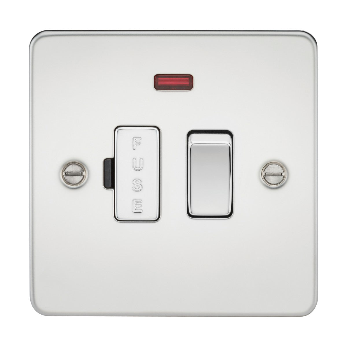 The 13A Switched Fused Spur Unit Neon in polished chrome boasts a flat plate design, with a labeled fuse section on the left and a rocker switch on the right. It features two screws on either side and includes a small red indicator light above the fuse section for enhanced functionality.