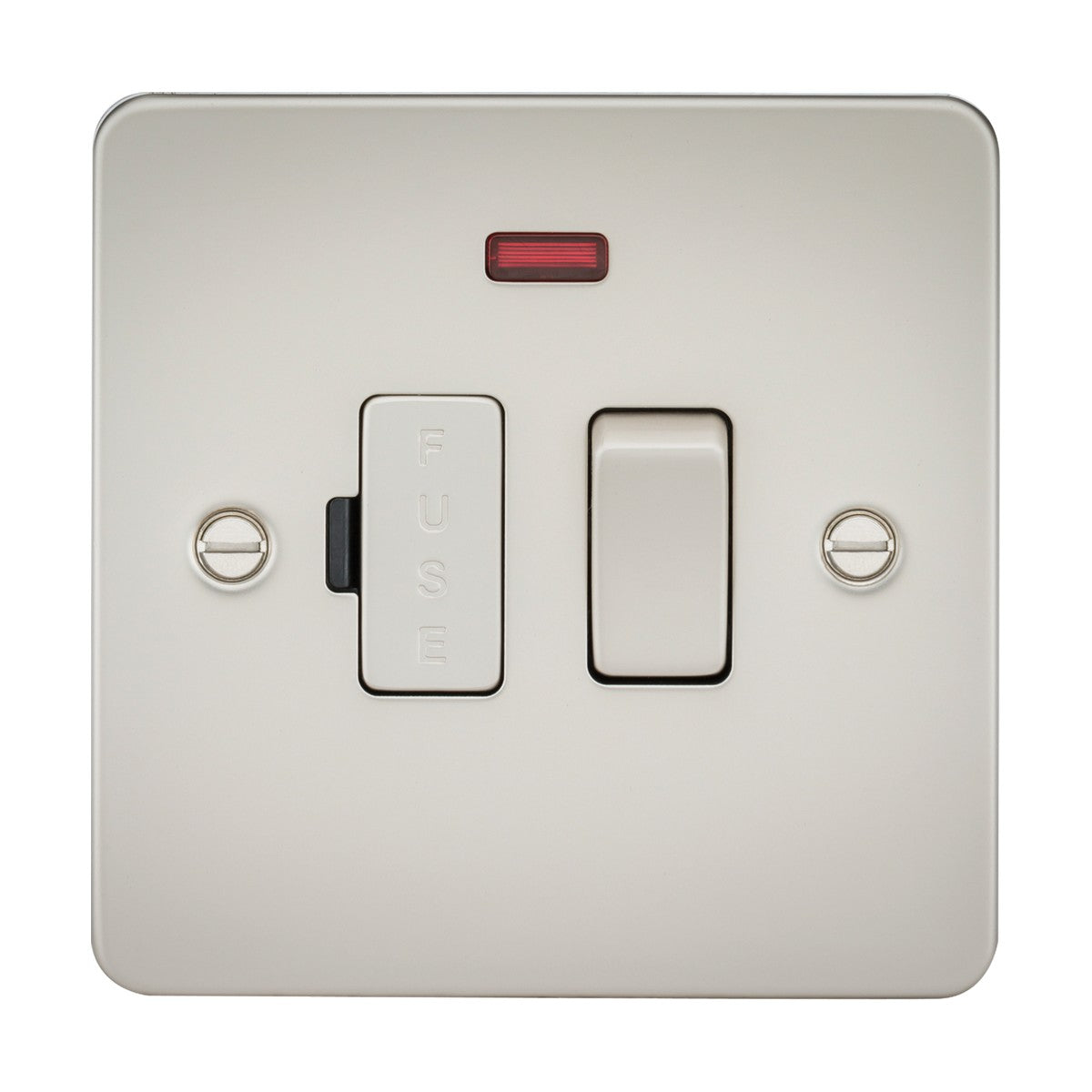 The 13A Switched Fused Spur Unit Neon - Pearl (Flat Plate) boasts a premium steel design with an embossed FUSE cover, red light indicator above the rocker switch, and two screws for easy mounting.