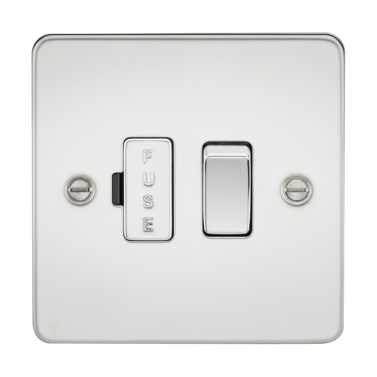 The 13A Switched Fused Spur Unit in polished chrome features an ultra low profile, flat plate design. The unit includes a fuse switch labeled "FUSE" on the left and a standard rocker switch on the right, all secured by two screws for a sleek and modern look.