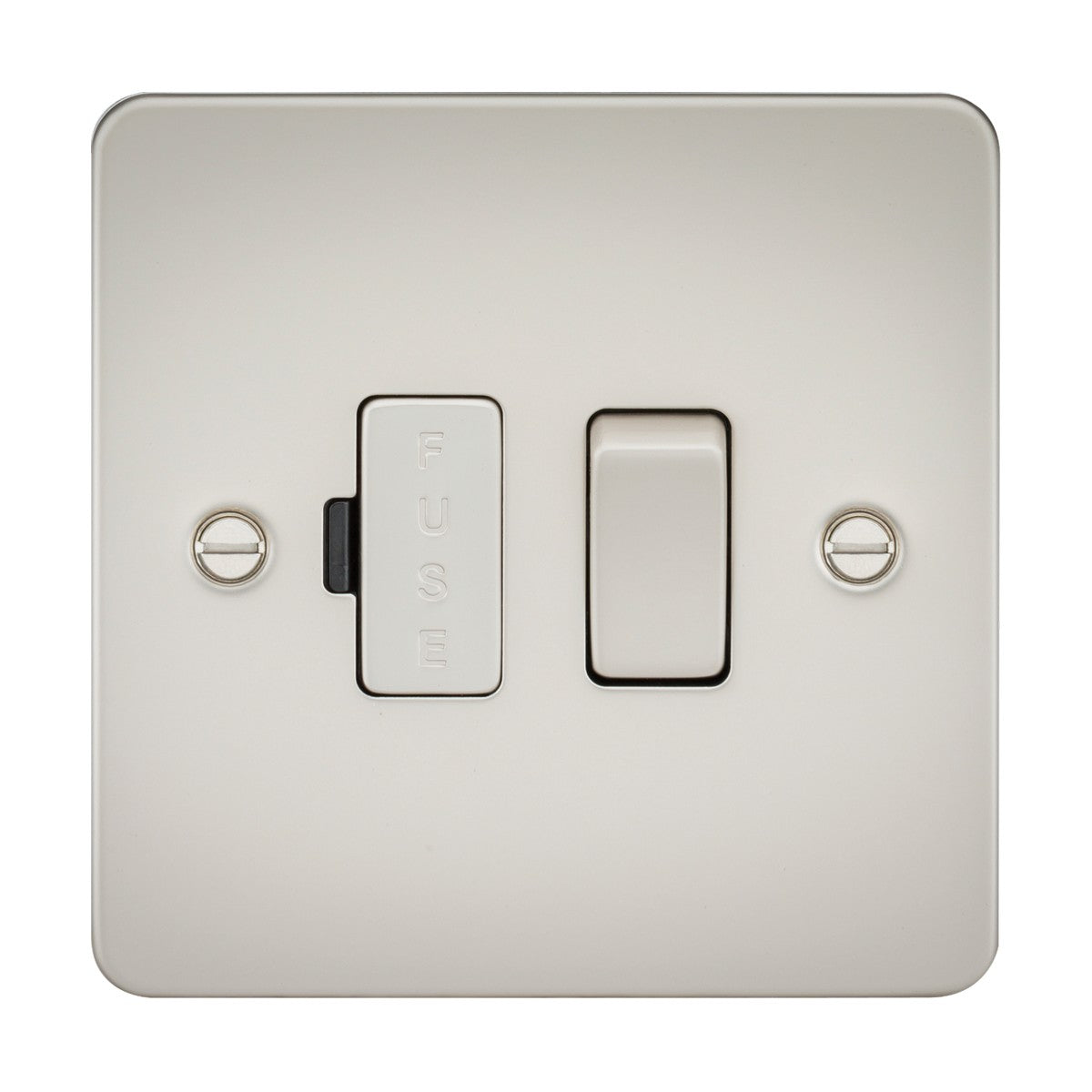 A close-up of a Pearl Flat Plate steel wall panel, featuring a 13A Switched Fused Spur Unit on the left and a switch on the right, with two visible screws on each side.