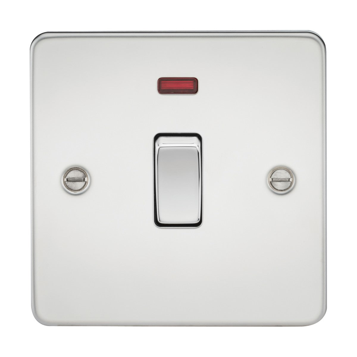 The 20A 1 Gang DP Switch Neon - Polished Chrome (Flat Plate) includes a metallic faceplate with a vibrant neon indicator above the white switch. Two visible screws on either side of the plate ensure secure installation.