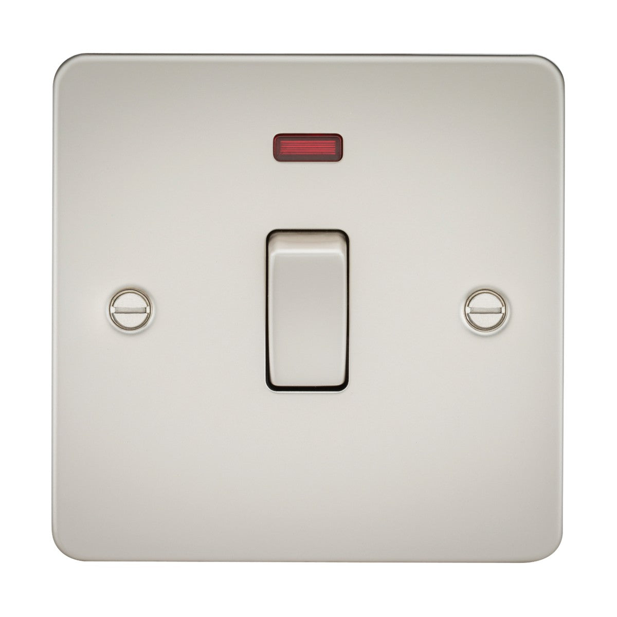 The 20A 1 Gang DP Switch Neon - Pearl (Flat Plate) features a brushed metal rectangular toggle, a red indicator above the switch, and two visible screws on each side. It embraces an Ultra-Low-Profile design in a simple and modern Pearl Finish.