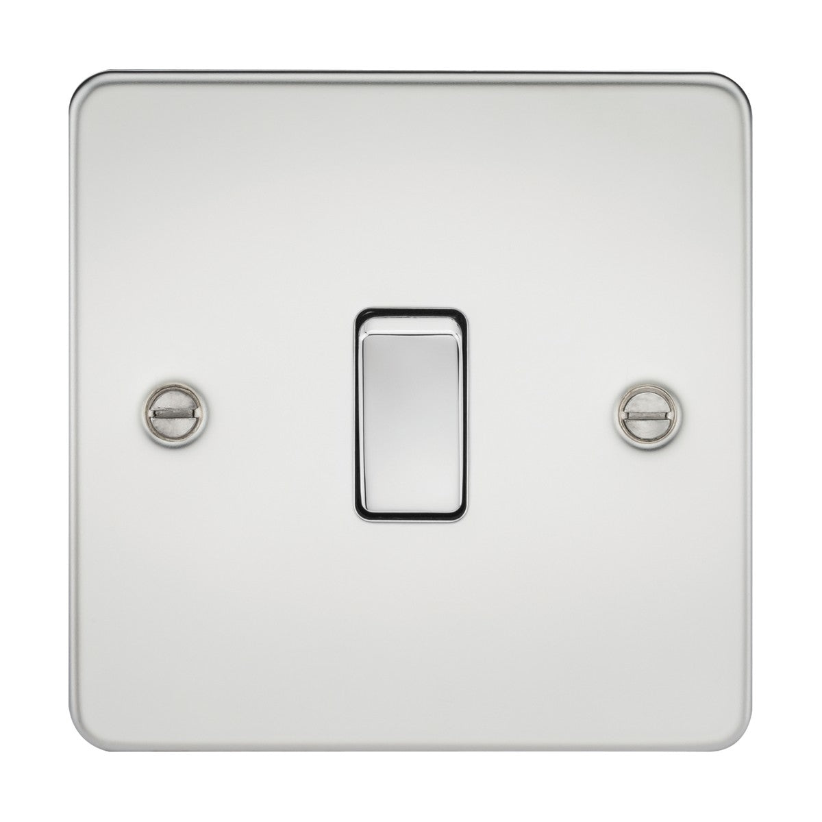 The 20A 1 Gang DP Switch in polished chrome, featuring a flat plate design, shines with a single toggle in the center framed by two screws. Its sophisticated style enhances the smooth, neutral-colored backdrop with ease.