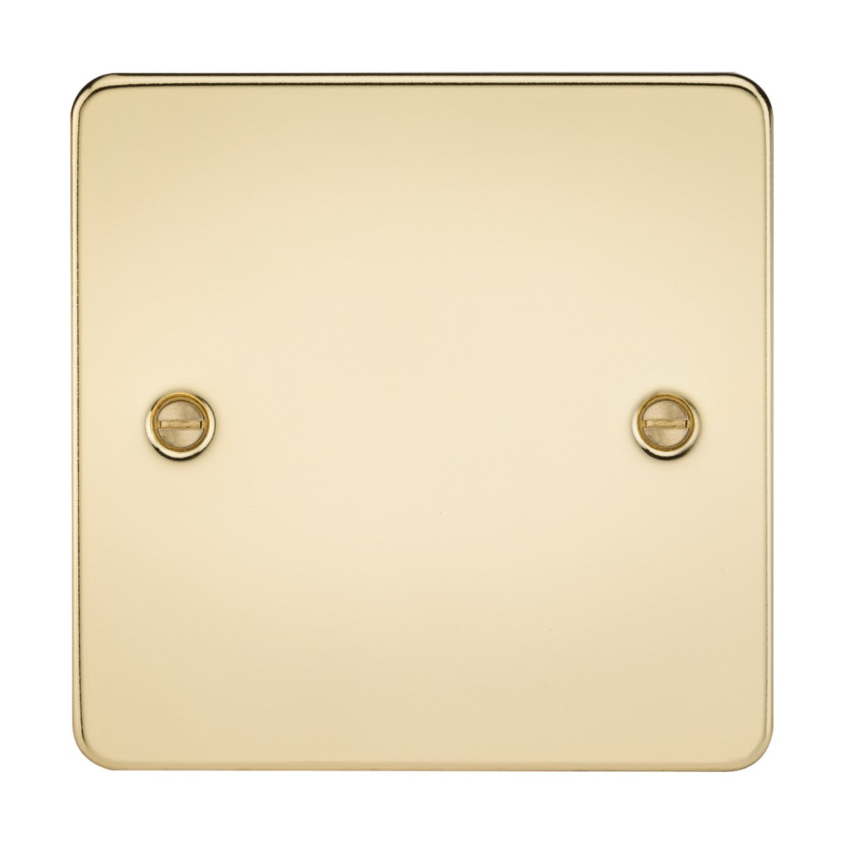 Introducing the 1 Gang Blanking Plate in polished brass, featuring a square design with rounded corners and two visible screws for attachment. Crafted from premium-grade steel, this minimalist light switch cover features a flat plate with a sleek finish and no visible switches or buttons.