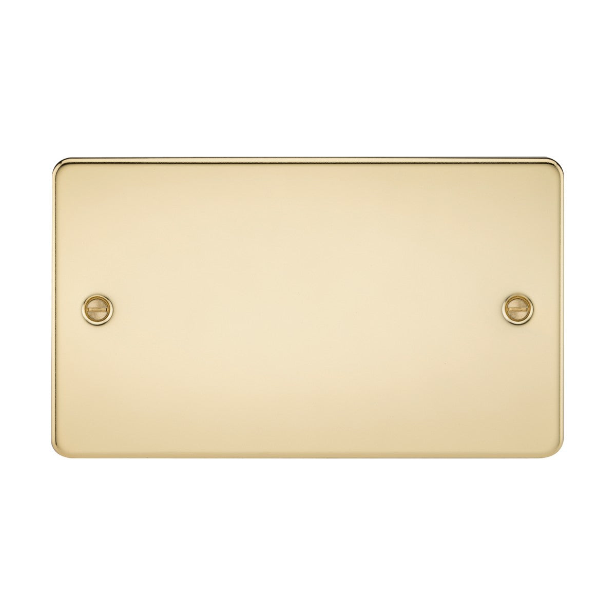 The 2 Gang Blanking Plate - Polished Brass (Flat Plate) features a smooth, shiny surface with two recessed screw holes positioned horizontally, and complies with IEC 60670-1 standards.
