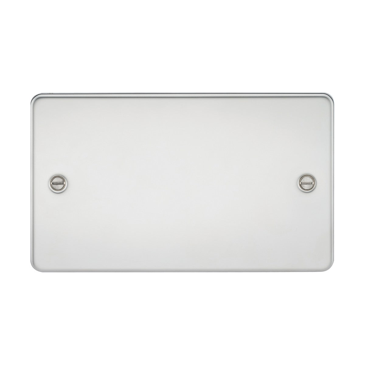 A polished chrome 2 Gang Blanking Plate with a flat design and visible screws on each side features a smooth, reflective surface reminiscent of minimalist light switch covers.