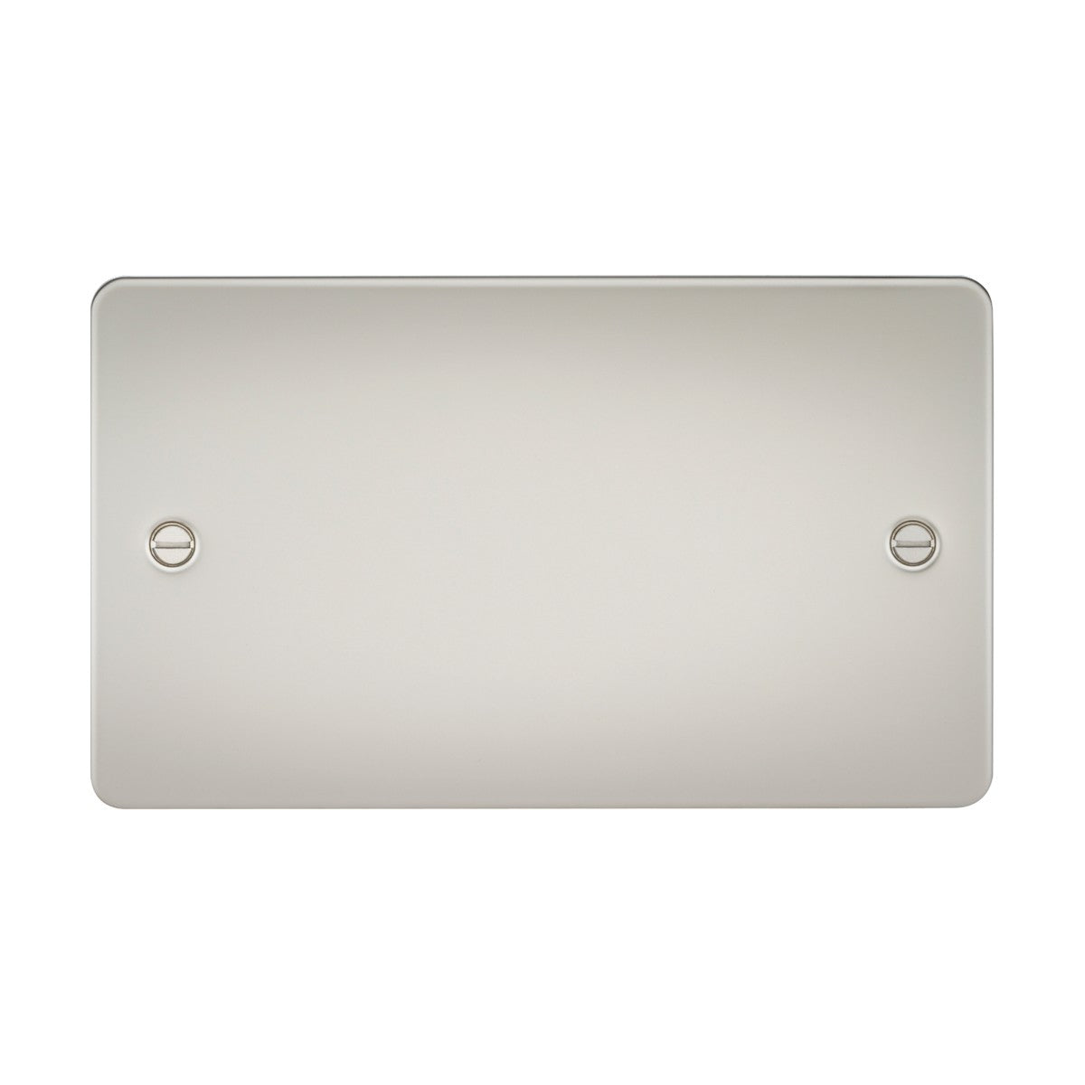 The 2 Gang Blanking Plate - Pearl (Flat Plate) is a smooth, rectangular plate made of high-quality steel with a brushed pearl finish. It features a modern design with two symmetrically positioned screws on either side.