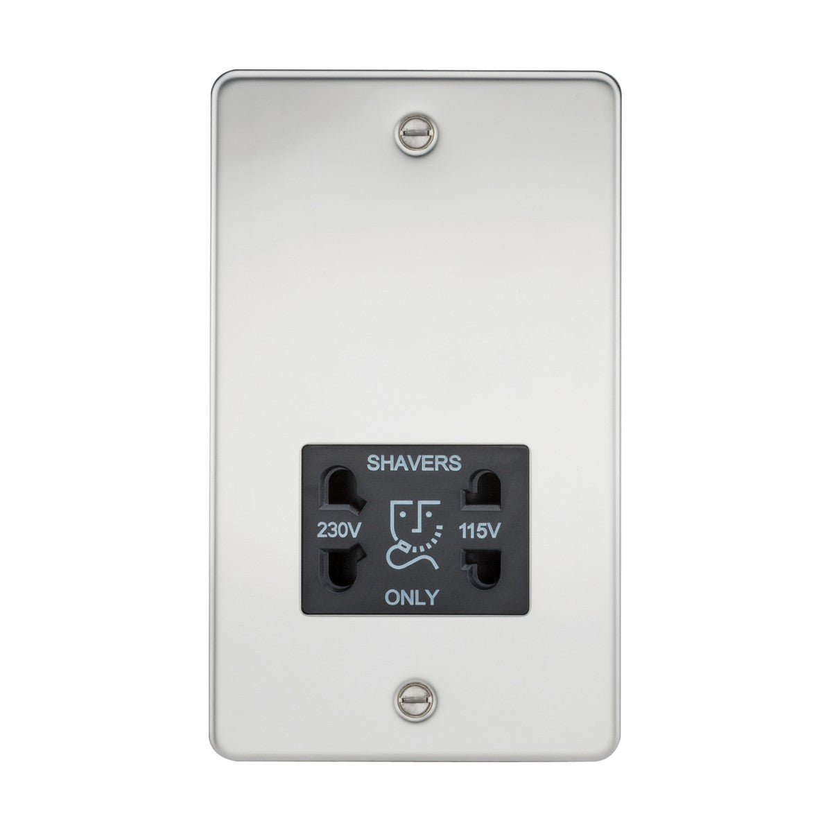 Introducing the 115/Dual Voltage Shaver Socket in polished chrome with a black insert and sleek flat plate design. This shaver socket offers both 230V and 115V options, perfect for your grooming needs. It is labeled "SHAVERS ONLY" and features a minimalist ultra-low profile secured by two screws.