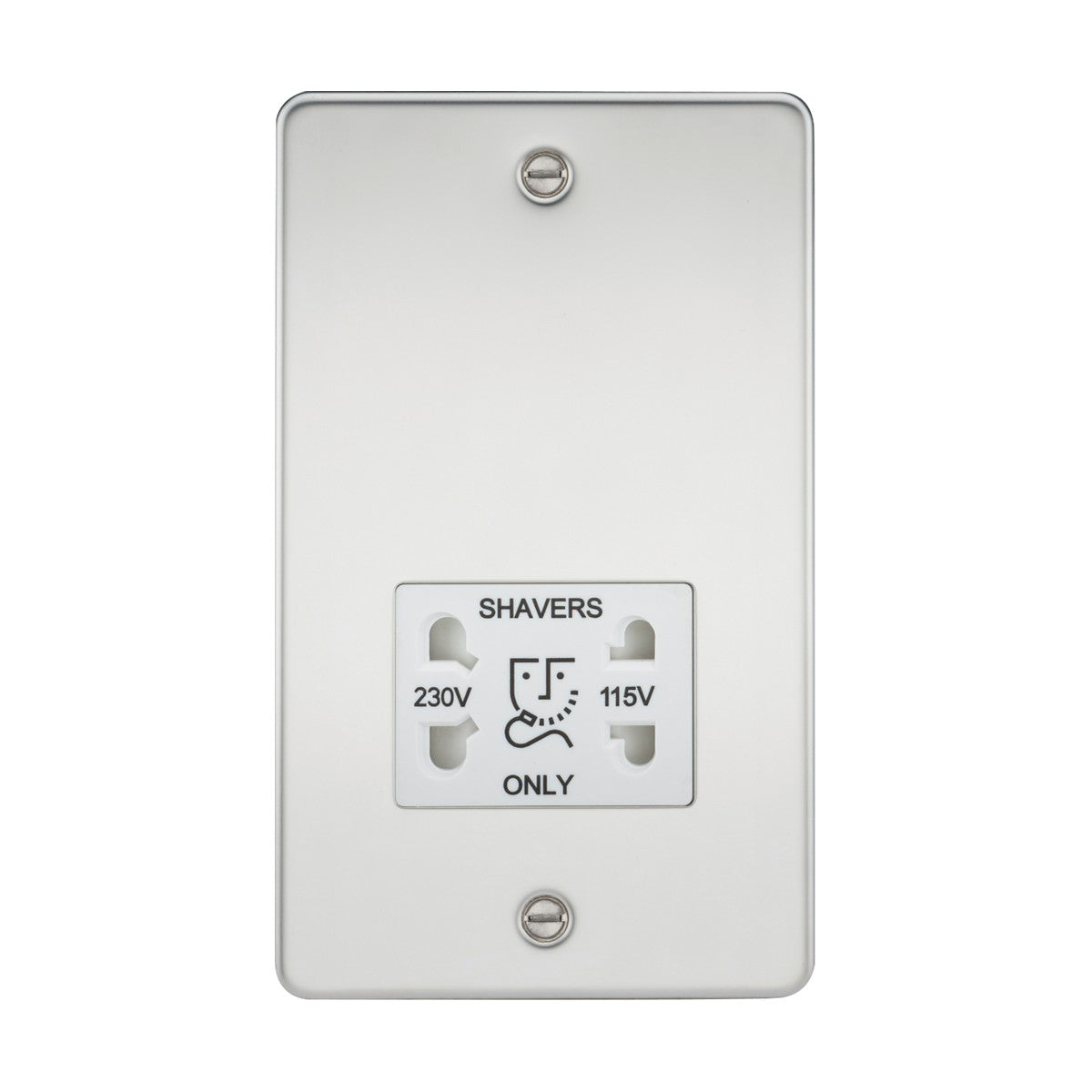 The 115/Dual Voltage Shaver Socket in polished chrome features a white insert on a flat plate, providing two outlets designated for shavers only, compatible with both 230V and 115V. Its understated design is complemented by a sleek chrome finish, and it includes two screws at the top and bottom for straightforward installation.