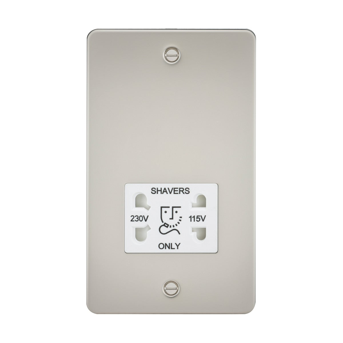 The 115/Dual Voltage Shaver Socket - Pearl offers a modern wall plate with SHAVERS ONLY label, dual voltage for 230V/115V, IP41 protection, distinct plug patterns, and an illustrated face for guidance.