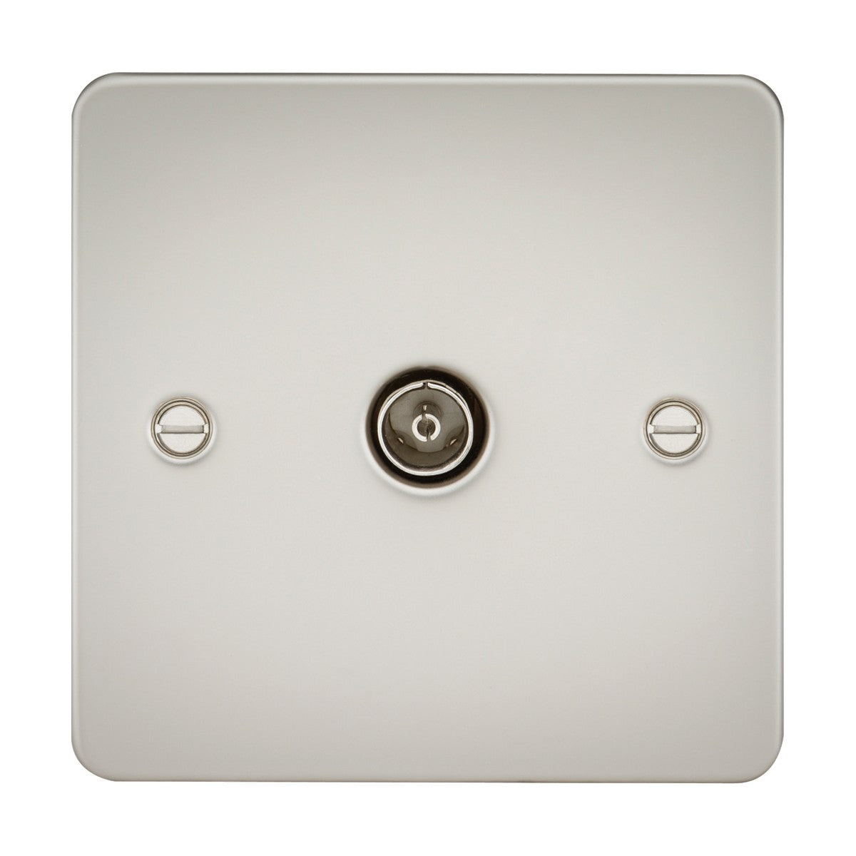 The TV Outlet (Non-Isolated) - Pearl features a sleek, square brushed metal design with a central circular switch and two visible screws, offering a low profile ideal for seamless integration against a plain white background.