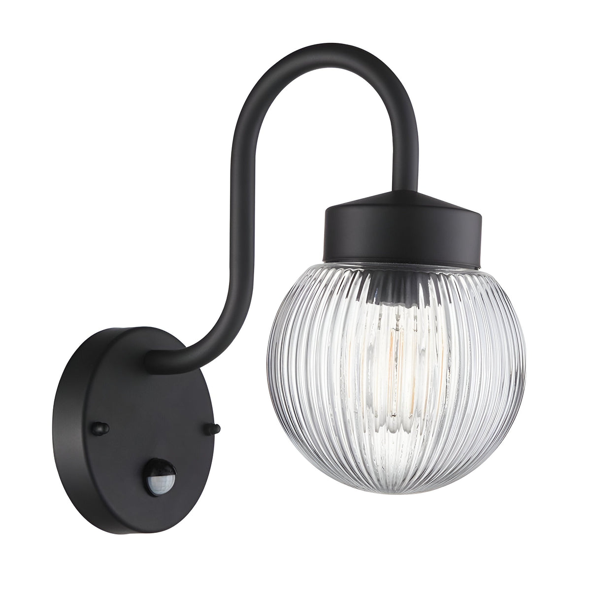 Endon Brackgrove outdoor wall light in black with arched arm, clear ribbed glass globe shade and built-in PIR sensor on the round backplate.