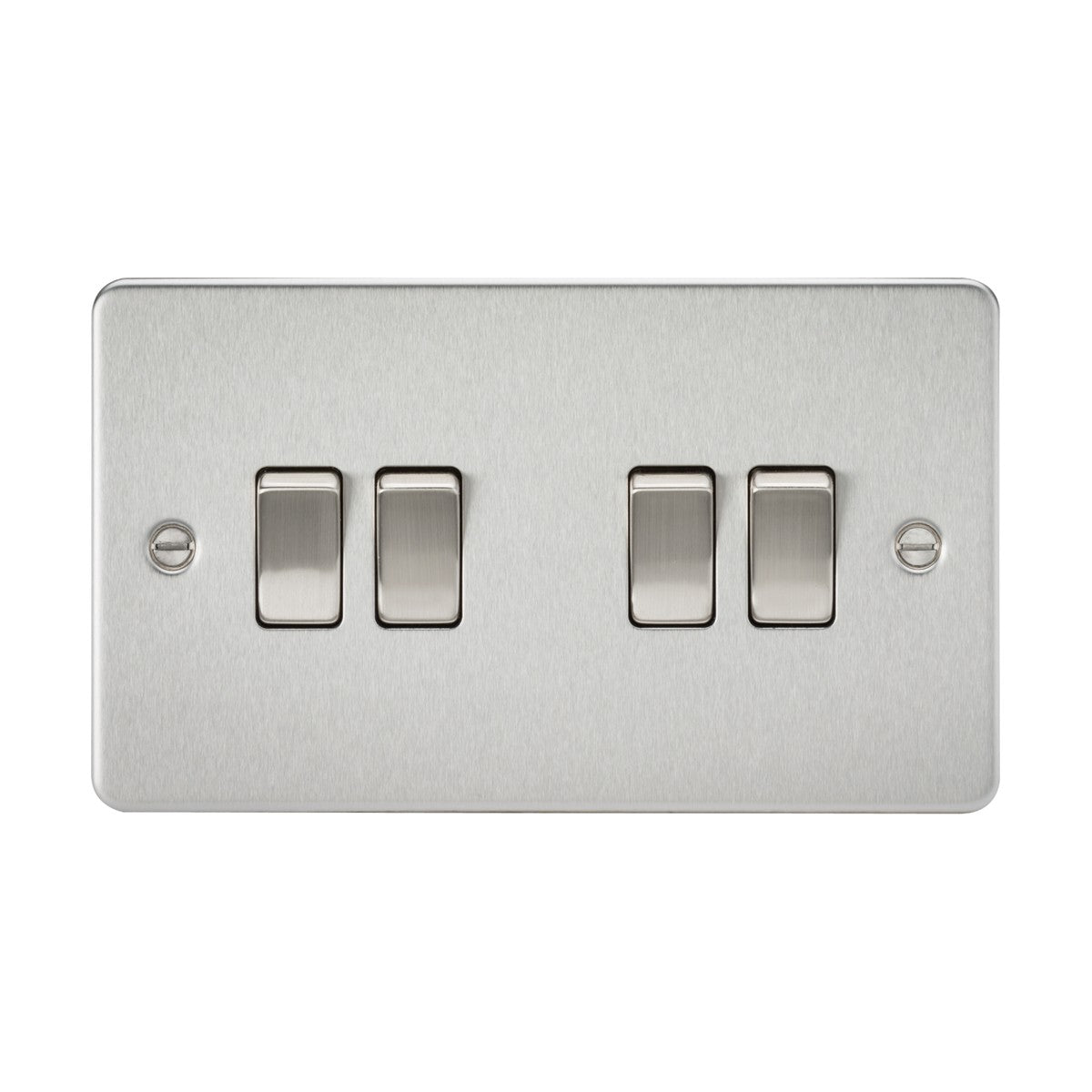 The 10AX 4 Gang 2-Way Switch - Brushed Chrome (Flat Plate) is a minimalist design featuring an ultra-low profile with four rectangular switches arranged in two groups of two. This switch plate includes centered 2-way switches and has two screw holes on either side for easy mounting.
