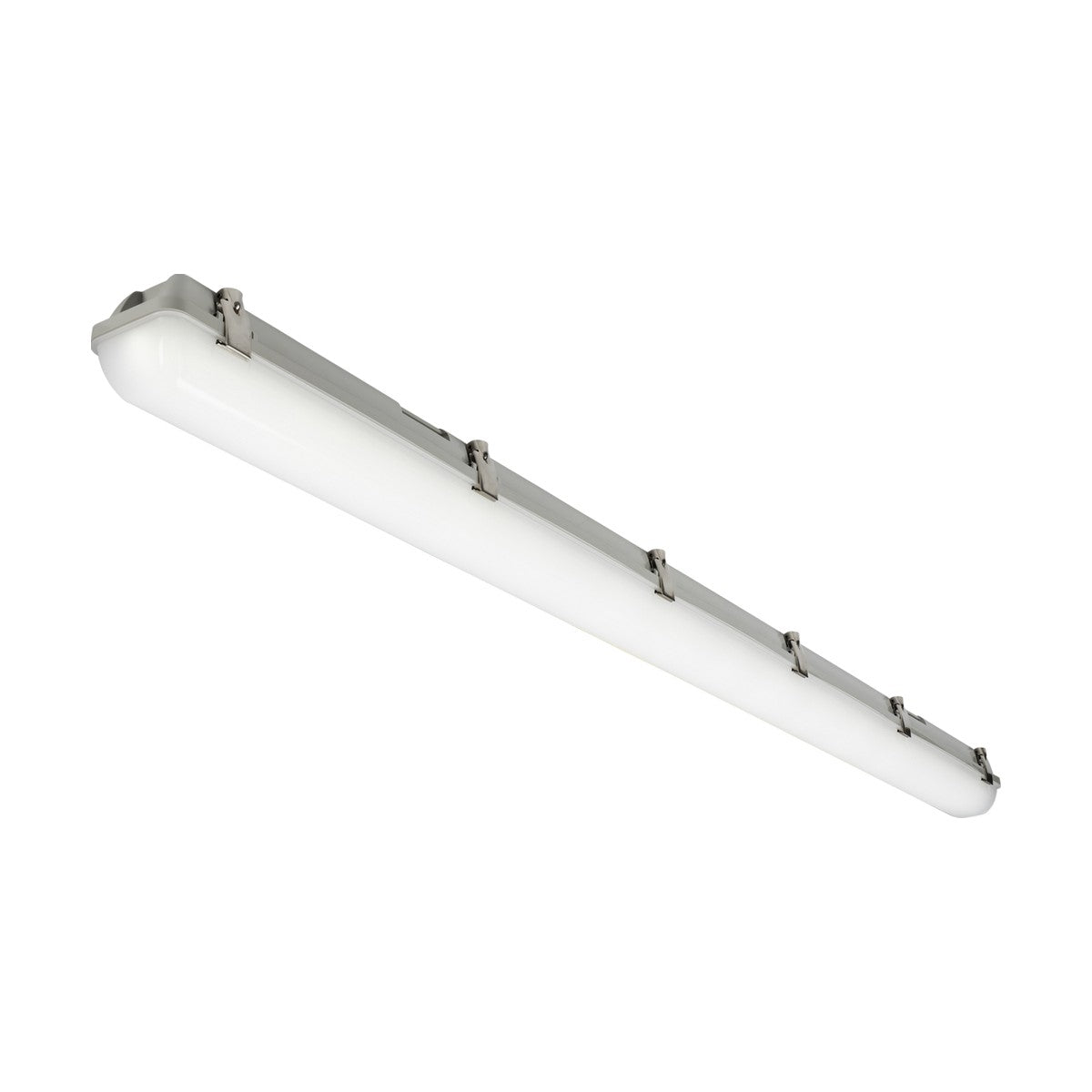 The Single 5ft 26W/48W IK08 CCT Microwave Emergency Non-Corrosive Batten IP65, a long rectangular LED light fixture with a white cover and metal clips, is showcased against a plain white background, highlighting its energy-efficient features ideal for commercial lighting applications.