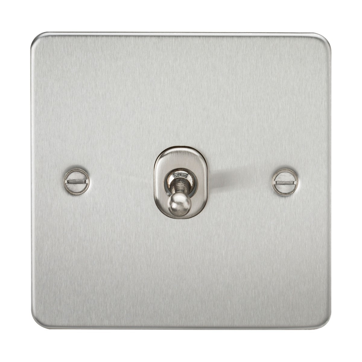 A 10AX 1 Gang 2-Way Toggle Switch with a flat plate design and two visible screws on a brushed chrome rectangular faceplate.
