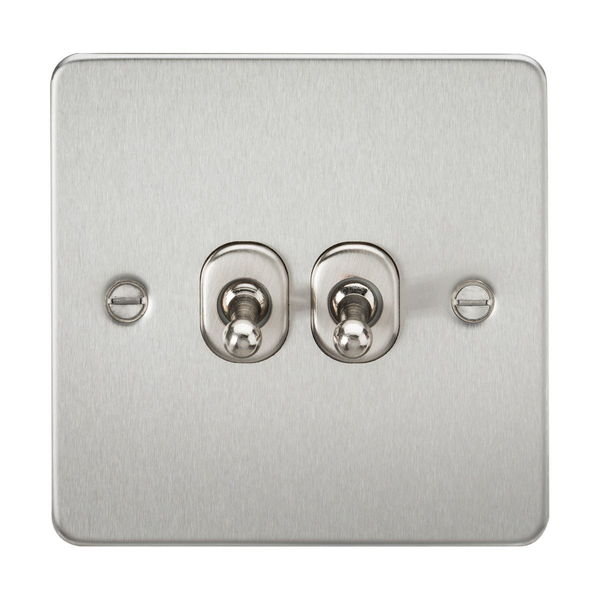 The 10AX 2 Gang 2-Way Toggle Switch features a flat square metal plate with two toggle switches in the center and a screw on each side. It boasts a sleek and modern appearance with its brushed chrome finish.