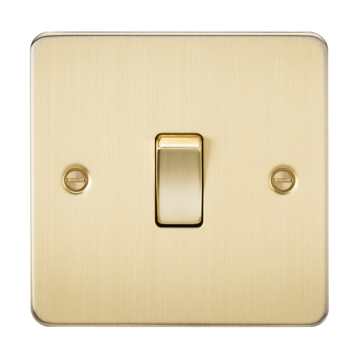 A close-up of the 10AX 1 Gang Intermediate Switch - Brushed Brass on a flat square plate, featuring a sleek brushed finish with the switch centered and two visible screws for secure mounting.