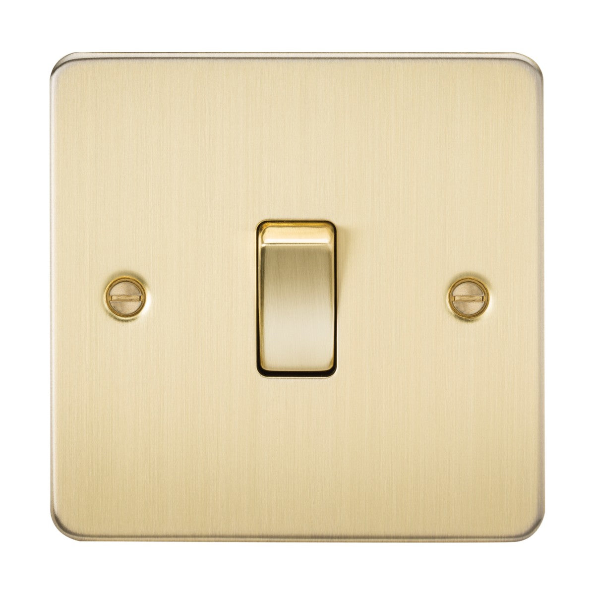 The 10AX 1 Gang 2-Way Switch in brushed brass offers a square design with a toggle switch at its center, adorned with two visible screws on each side to enhance its refined look for two-way lighting controls.