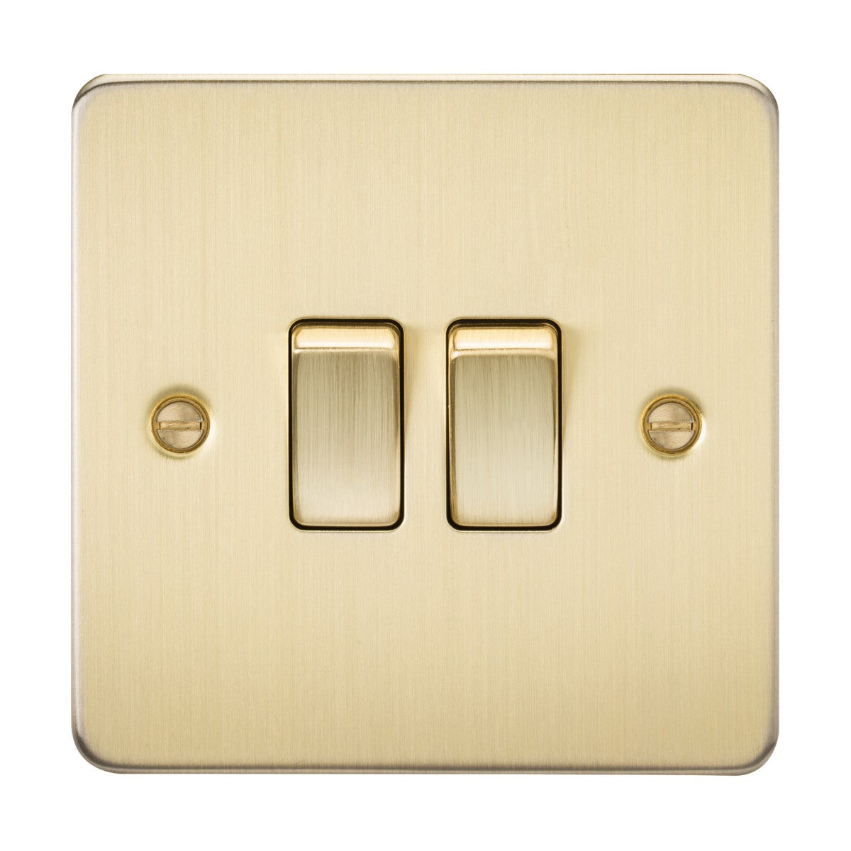 The 10AX 2 Gang 2-Way Switch features a brushed brass flat plate with premium-grade steel, elegantly secured by two visible screws.