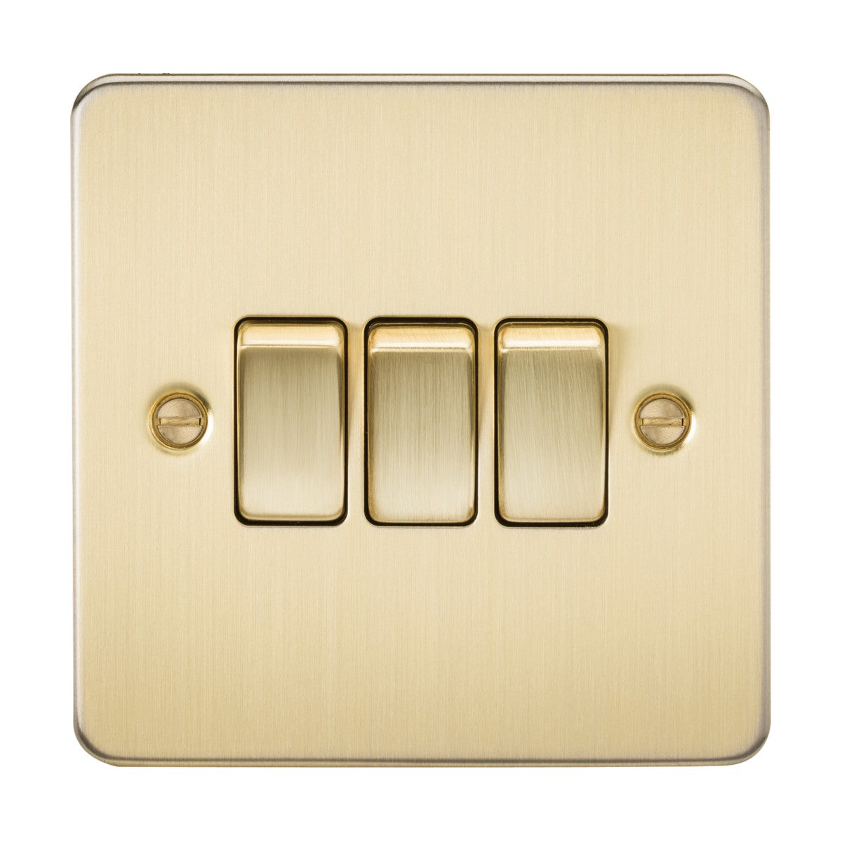 The 10AX 3 Gang 2-Way Switch in brushed brass features a flat plate design with three horizontal toggle switches and is mounted with two side screws for sleek aesthetics.