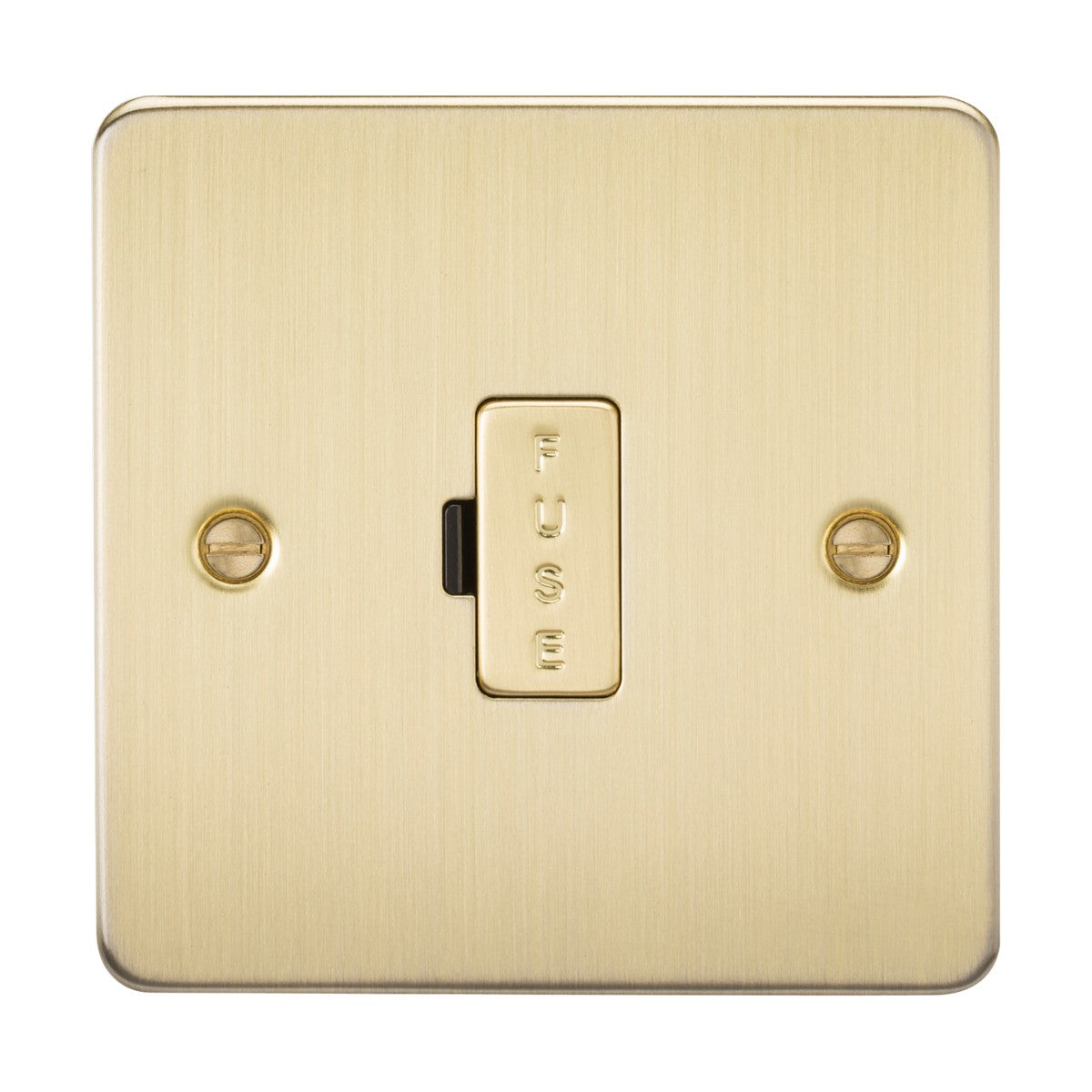 The 13A Fused Spur Unit - Brushed Brass (Flat Plate) showcases an ultra-low profile design with two visible screws and FUSE elegantly engraved on the central switch.