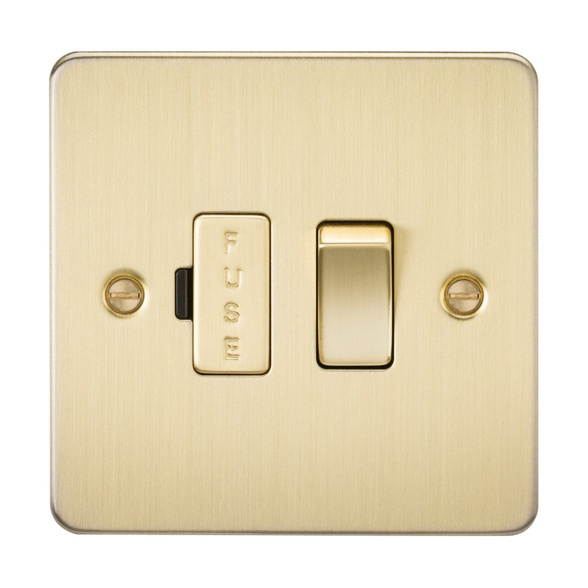 The 13A Switched Fused Spur Unit in brushed brass features a toggle light switch on a gold-colored flat plate made from premium-grade steel. Its secured by two screws for an ultra-low-profile appearance.