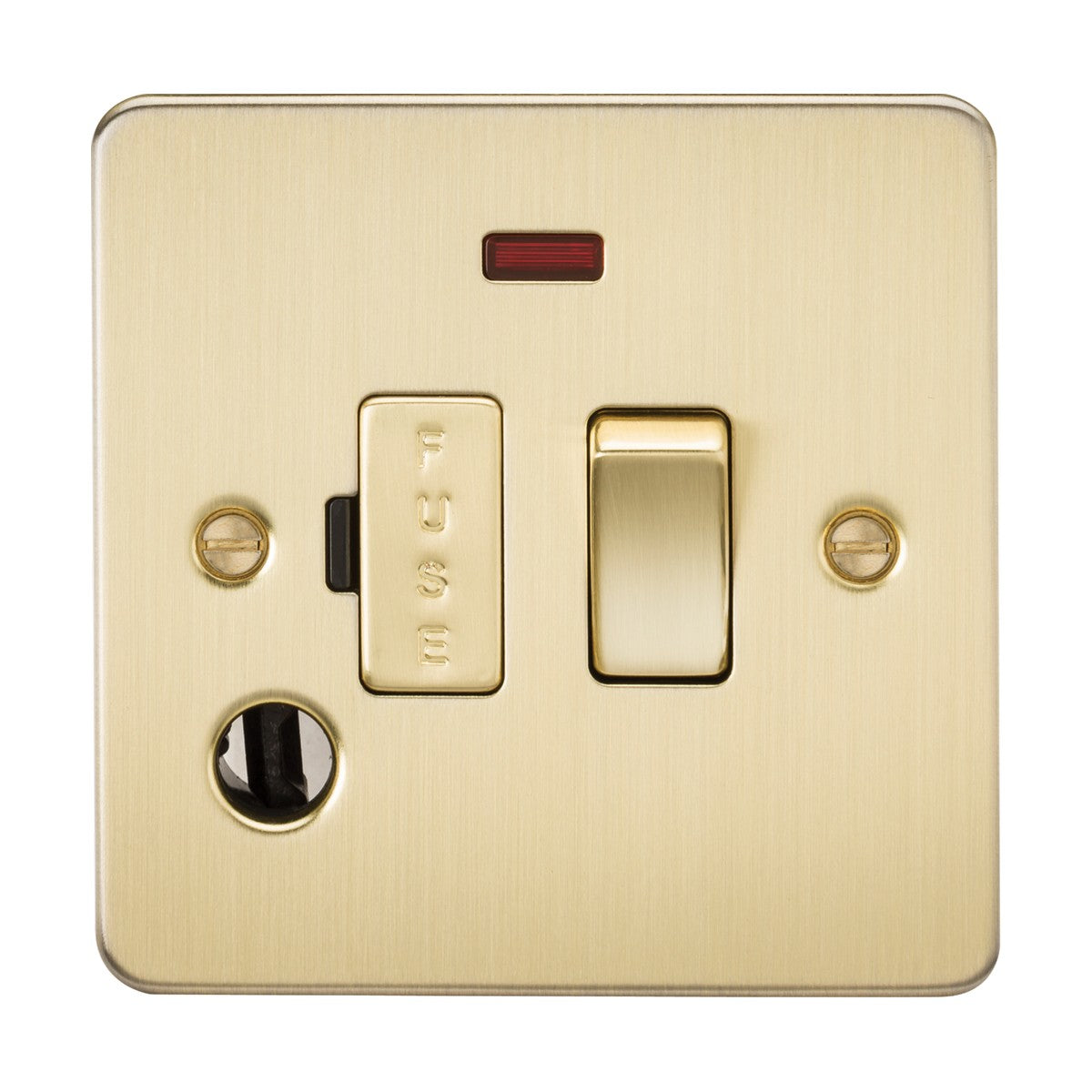 The 13A Switched Fused Spur Unit Neon & Flex Outlet features a flat brushed brass plate with gold color, including a fuse holder and indicator light. It is equipped with two mounting screws, and the switch lever and rectangular fused spur are clearly labeled for easy identification.