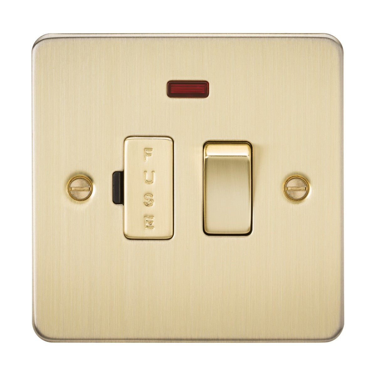 The 13A Switched Fused Spur Unit Neon in brushed brass flat plate design, with a rectangular switch and red indicator light, is elegantly secured to the wall with two visible screws.