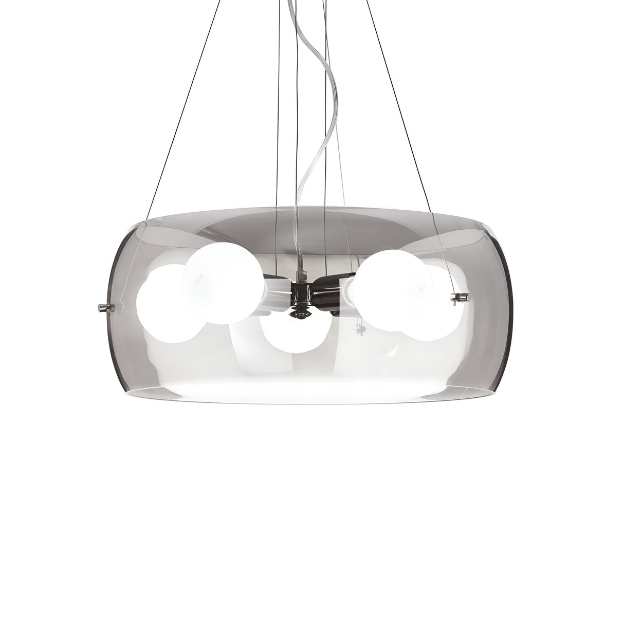The Lucid 5 Light Pendant - Black features a sleek, dome-shaped glass shade housing four bright white bulbs, suspended by adjustable steel cables. This modern fixture exudes contemporary elegance, offering an elegant yet industrial charm.