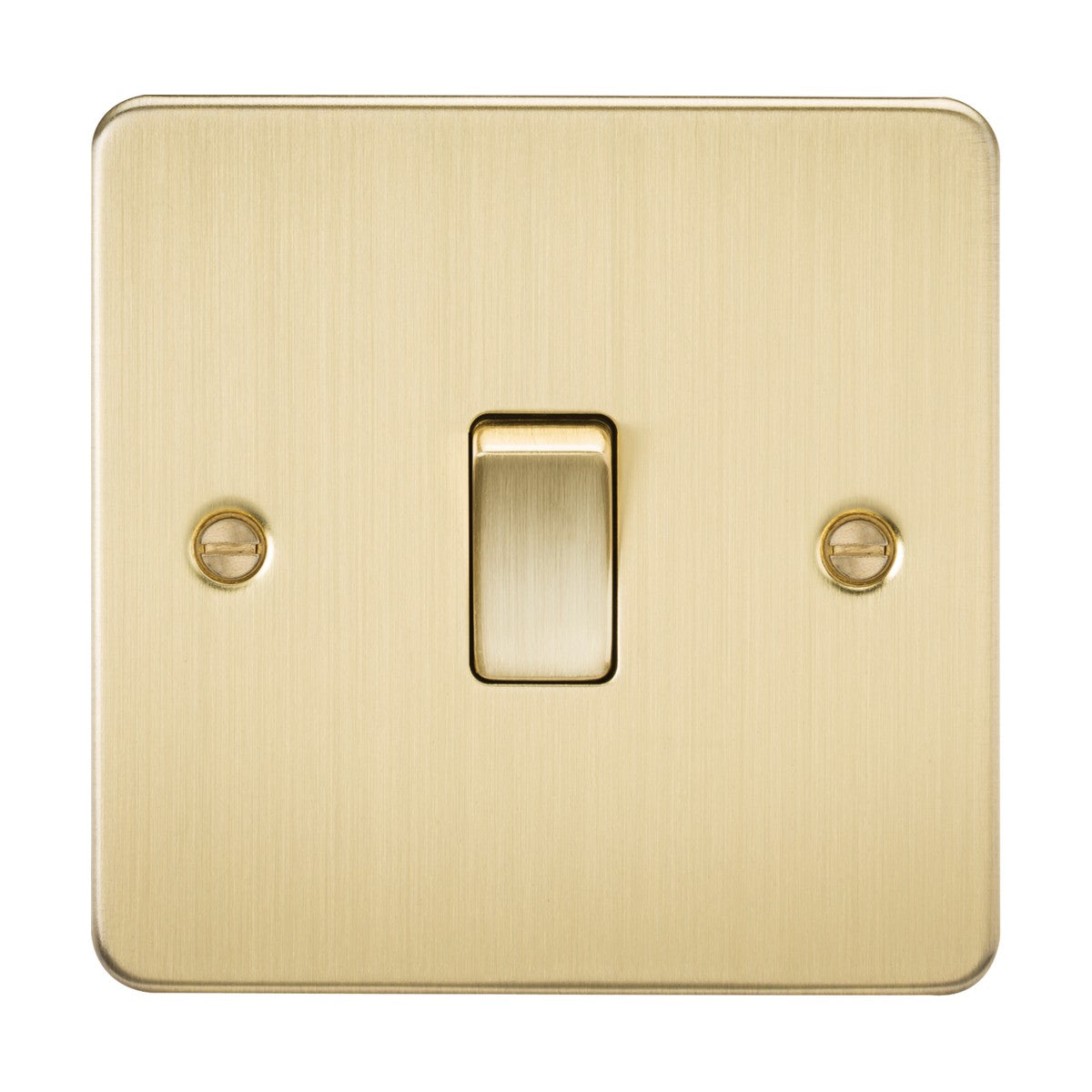 The 20A 1 Gang DP Switch - Brushed Brass (Flat Plate) features a single toggle on a rectangular plate with rounded edges, secured to the wall by two screws, combining elegance and functionality.