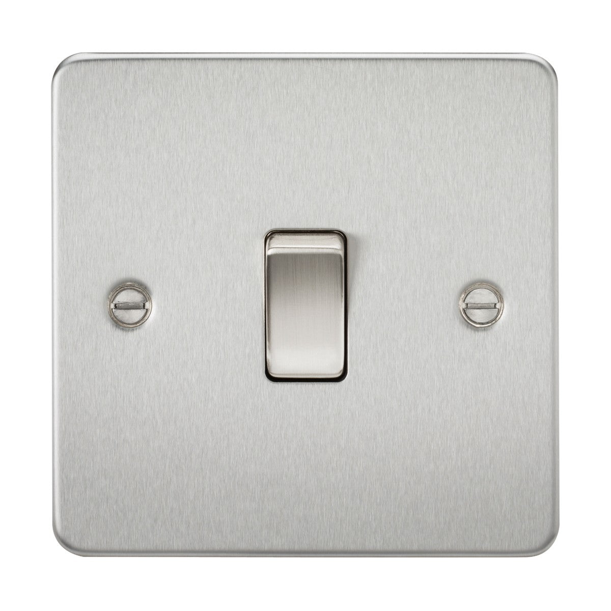 This 20A 1 Gang DP Switch - Brushed Chrome (Flat Plate) features a square, metallic design with a sleek brushed chrome finish. Its flat plate design centralizes the switch and includes two visible screw heads on either side for easy mounting, seamlessly blending style with functionality.