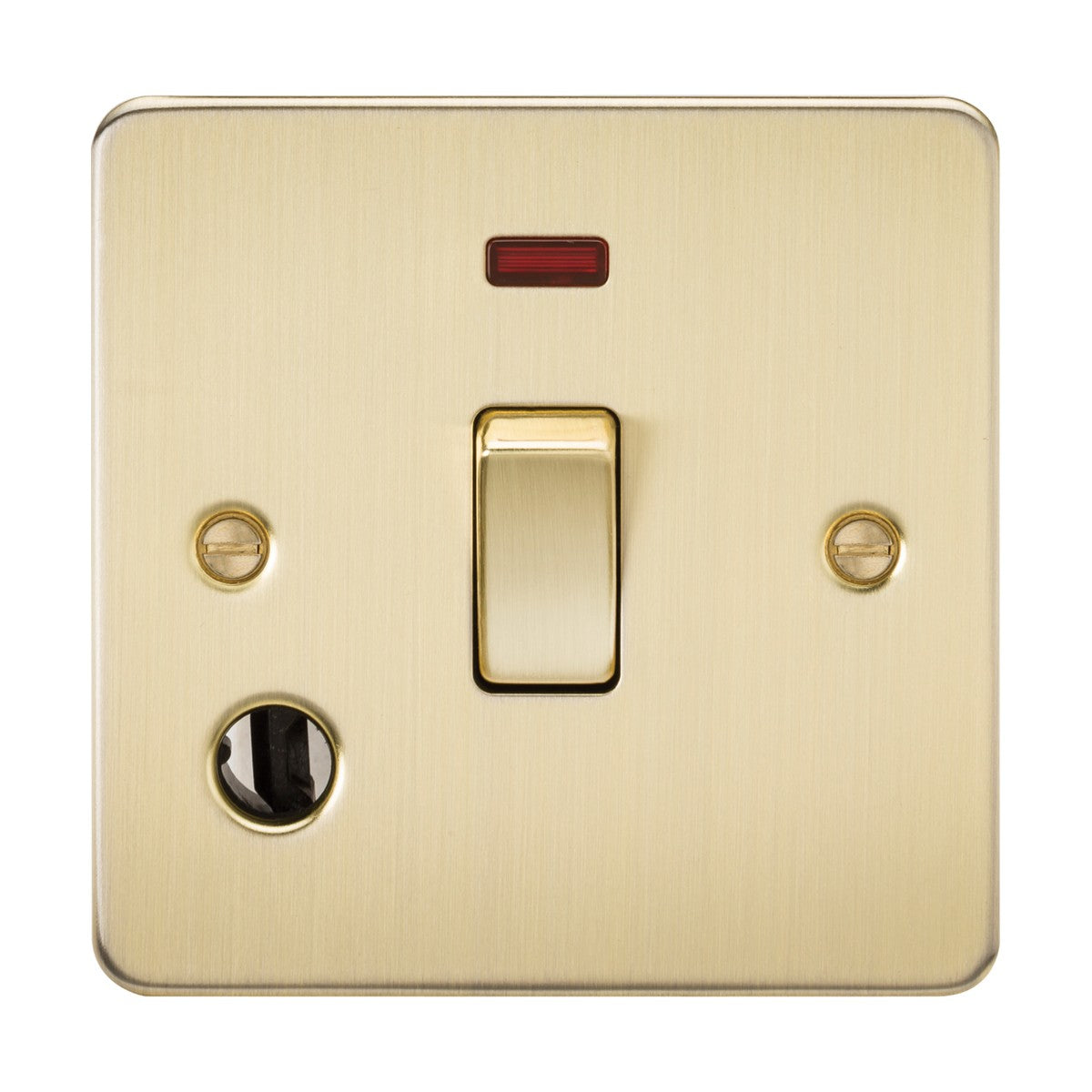 The 20A 1 Gang DP Switch Neon & Flex Outlet in brushed brass is ideal for contemporary interiors, featuring a single toggle with a red neon indicator light. Its mounted on a square flat plate with a small circular port and secured by two screws.