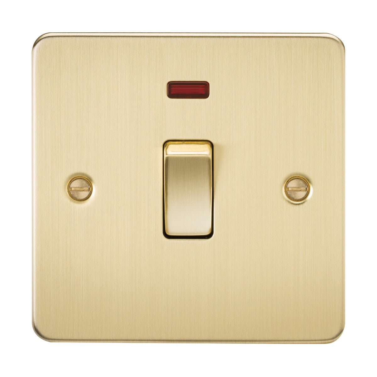 The 20A 1 Gang DP Switch Neon in brushed brass features a square plate with visible corner screws, an ultra-low-profile design, central switch positioning, and a red indicator on a smooth metal finish.