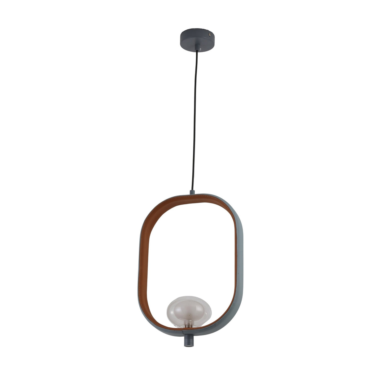 The Strappa Pendant Light - Grey/Black features a modern LED design with an oval wood and metal frame, inspired by Chinese lanterns, hanging from a black cord. The bulb sits at the bottom inside the open frame.